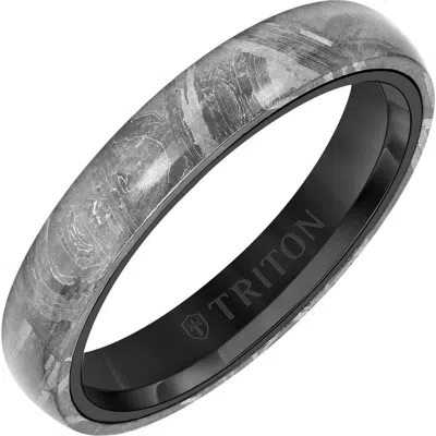 Triton 5mm Meteorite Ring With Black Tungsten Sleeve And Low Dome With Flat Edge In Silver