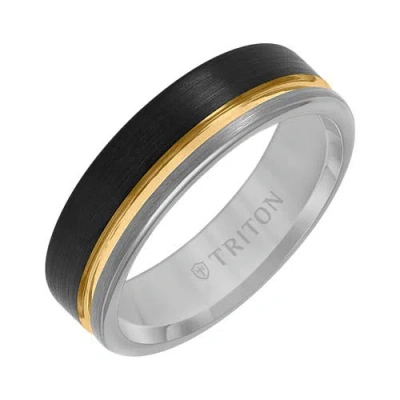 Triton 6.5mm Tungsten Carbide Ring With Black, Yellow And Grey Tungsten Center Groove And Brushed Fi In Orange