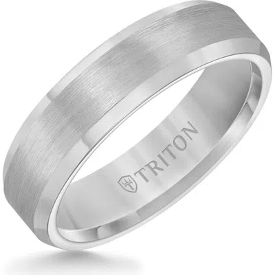 Triton 6mm Tungsten Carbide Ring With Satin Center And Bevel Edge In Metallic