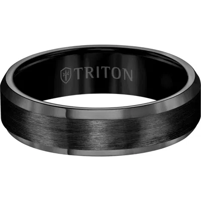 Triton 6mm Tungsten Carbide Ring With Satin Center And Bevel Edge In Pattern