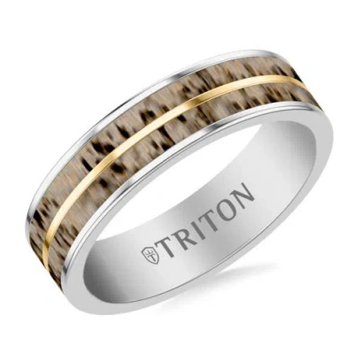 Triton 6mm White Tungsten Carbide And Deer Antler Ring In Pink