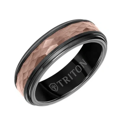 Triton 7mm Espresso Tungsten Carbide Ring With Hammered Center And Step Edge In Brown
