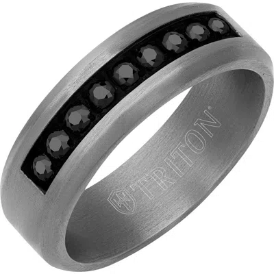 Triton 7mm Tantalum Ring With Channel Set Black Sapphires And Bevel Edge In Orange