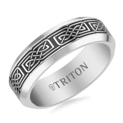 Triton 7mm Tungsten Carbide And Black Geometric Ring In Pattern