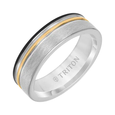 Triton 7mm Tungsten Carbide Ring With Black, Yellow And Grey Tungsten Center Groove With Crystaline  In Orange