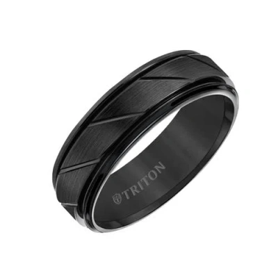 Triton 7mm Tungsten Carbide Ring With Diagonal Cut Center And Round Edge In Black