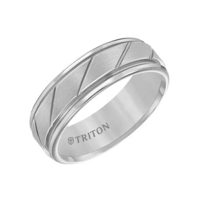 Triton 7mm Tungsten Carbide Ring With Diagonal Cut Center And Round Edge In Metallic