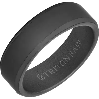 Triton 7mm Tungsten Raw Black Dlc Ring With Matte Finish And Bevel Edge In Green