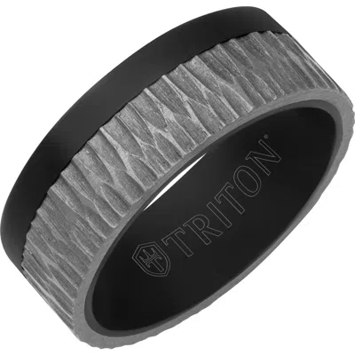 Triton 8mm Black Tantalum Ring With Brushed Grey Asymmetrical Inlay And Flat Edge
