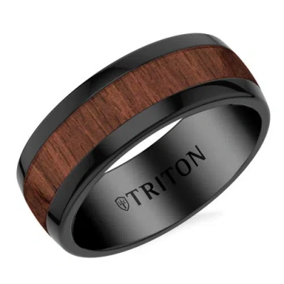 Triton 8mm Black Tungsten Carbide And Walnut Wood Ring In Brown