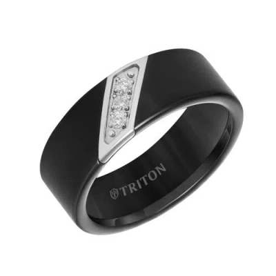 Triton 8mm Black Tungsten Carbide Ring With Diagonal Set Diamonds And Satin Finish With Flat Edge In Orange
