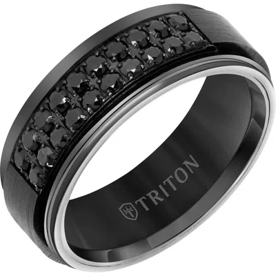 Triton 8mm Black Tungsten Carbide Ring With Double Row Of Black Sapphires And Step Edge