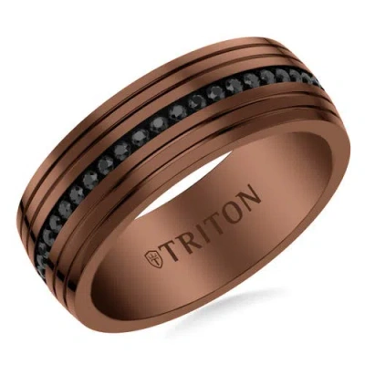 Triton 8mm Espresso Tungsten And Black Tungsten Stripe Inlay With Black Sapphire Eternity Center And In Neutral