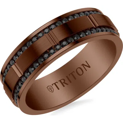 Triton 8mm Espresso Tungsten Black Sapphire Double Row Eternity Ring  With Polish Center Finish And  In Pattern