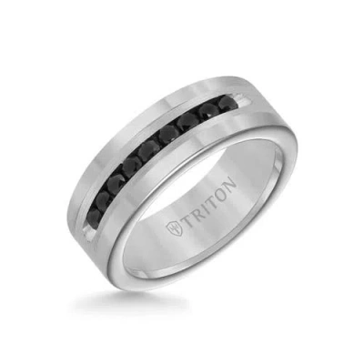 Triton 8mm Ring With Channel Set Black Diamonds Silver Satin Finish And Round Edge In Pattern