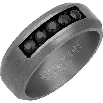 Triton 8mm Tantalum Ring With Channel Set Black Sapphires And Bevel Edge In Pattern