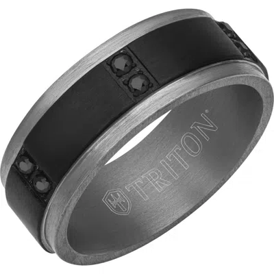 Triton 8mm Tantalum Ring With Vertical Channel Set Black Sapphires And Flat Edge In Pattern