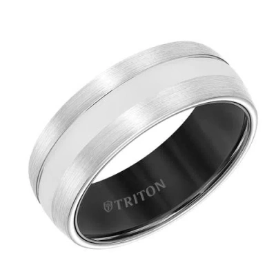 Triton 8mm Tungsten Carbide Band With Satin Finish Center And Black Interior Sleeve With Domed Edge In Metallic