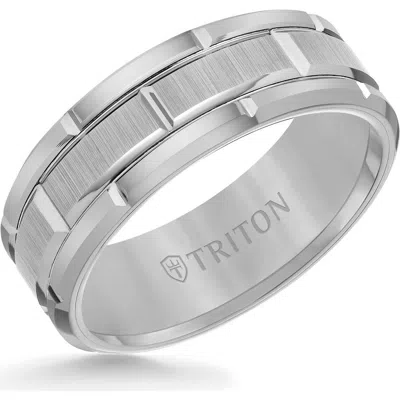 Triton 8mm Tungsten Carbide Ring With Brick Pattern Center And Flat Edge