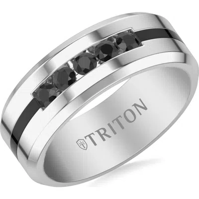Triton 8mm Tungsten Carbide Ring With Channel Set Black Sapphires And Black Tungsten Line With Step  In Metallic