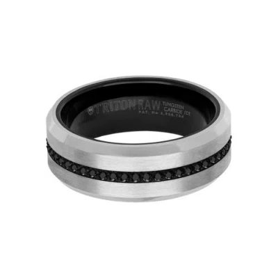 Triton 8mm Tungsten Carbide Ring With Eternity Black Sapphires And Beveled Edge In Purple