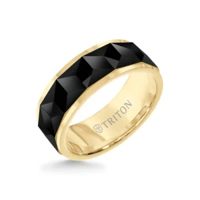 Triton 8mm Tungsten Carbide Ring With Faceted Chevron Pattern And Bevel Edge