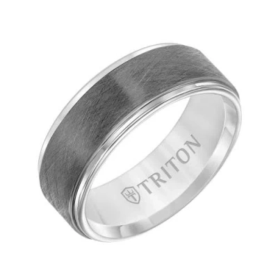 Triton 8mm Tungsten Carbide Ring With Gunmetal Crystalline Center And Step Edge In Pattern