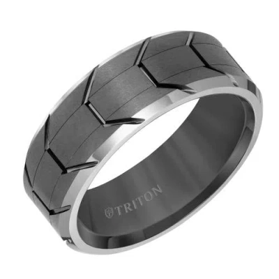 Triton 8mm Tungsten Carbide Ring With Gunmetal Tire Tread Center And Bevel Edge In Orange