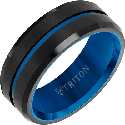 Triton 8mm Tungsten Carbide Ring With Satin Finish With Blue Center Line And Bevel Edge In Metallic