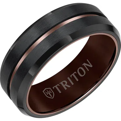 Triton 8mm Tungsten Carbide Ring With Satin Finish With Blue Center Line And Bevel Edge In Neutral