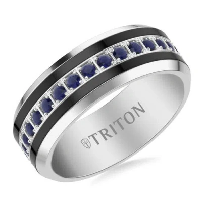 Triton 8mm Tungsten Carbide Sapphire Eternity Ring With Satin Bright Finish And Bevel Edge In Blue