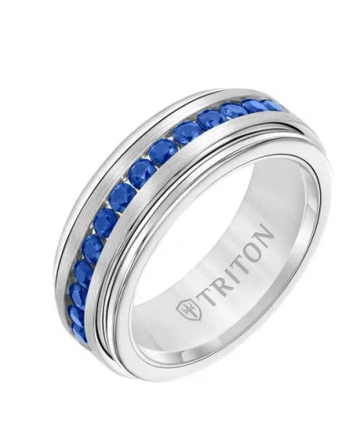 Triton 8mm Tungsten Carbide Sapphire Eternity Ring With Satin Bright Finish And Bevel Edge In Orange