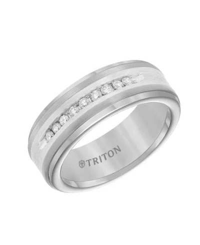 Triton 8mm Tungsten Diamond Ring With Channel Set Silver Satin Finish And Step Edge In Orange