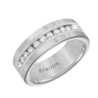 Triton 8mm Tungsten Diamond Ring With Channel Set Silver Satin Finish Inlay And Round Edge In Pattern