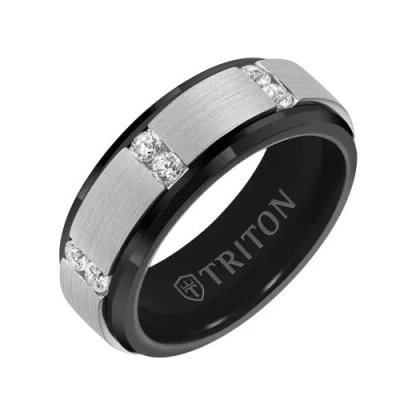 Triton 8mm Tungsten Diamond Ring With Vertical Channel Set Silver Satin Finish And Bevel Edge In Green