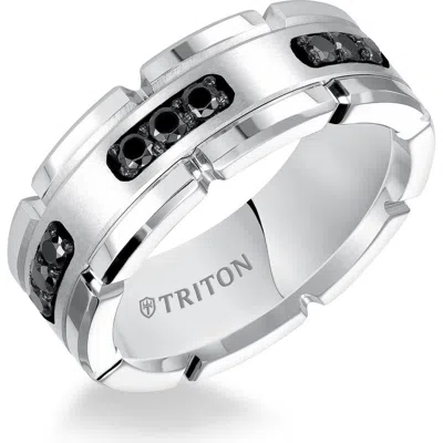 Triton 8mm White Tungsten Carbide Link Edge Ring With Black Diamonds, Satin Finish In Metallic