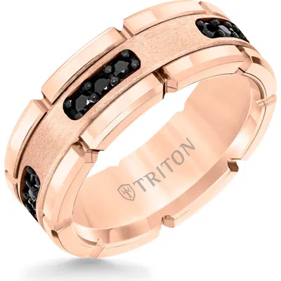 Triton 8mm White Tungsten Carbide Link Edge Ring With Black Diamonds, Satin Finish In Transparent