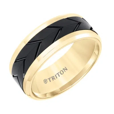Triton 9mm Tungsten Carbide Ring With Black Tire Tread Center And Bevel Edge In Gold