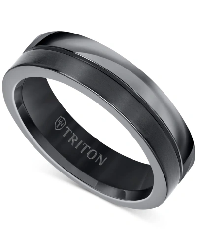 Triton Men's Two-tone Textured Insert Wedding Band In Titanium In Black