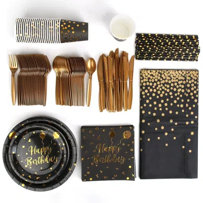 Trivancess 201pcs Black Gold Birthday Party Supplies For 25 Guests Happy Birthday Disposable Dinnerware Set Pap