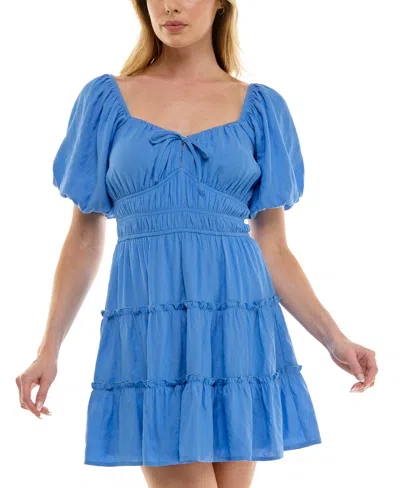 Trixxi Juniors' Bubble-sleeve Tie Front Tiered Dress In Bright Blue