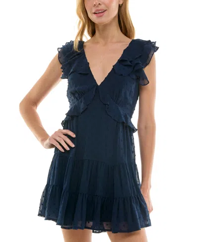 Trixxi Juniors' Clip-dot Ruffled V-neck Tiered Dress In Navy