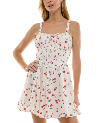 Trixxi Juniors' Cotton Cherry-print Corset-style Mini Dress In White Red