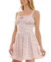 Trixxi Juniors' Floral-print Pintucked Fit & Flare Dress In Pink