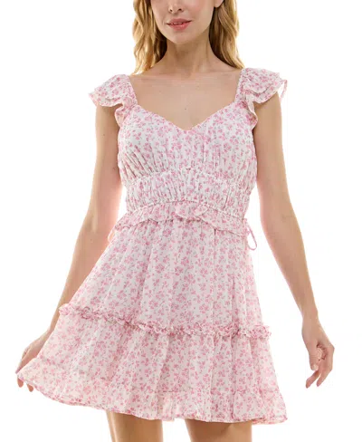 Trixxi Juniors' Emma Fit & Flare Tiered Ruffle Dress In Ivopnkflor