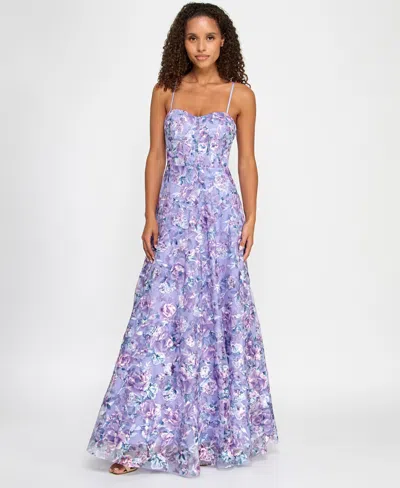 Trixxi Juniors' Floral-embroidered Corset Gown, Created For Macy's In Lavenderflor