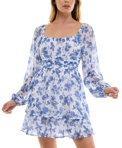 Trixxi Juniors' Floral Print Chiffon Blouson-sleeve Fit & Flare Dress In White,blue Floral