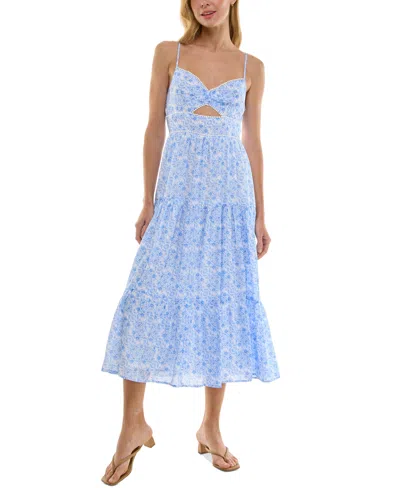 Trixxi Juniors' Floral-print Keyhole Midi Dress In Ivory Blue