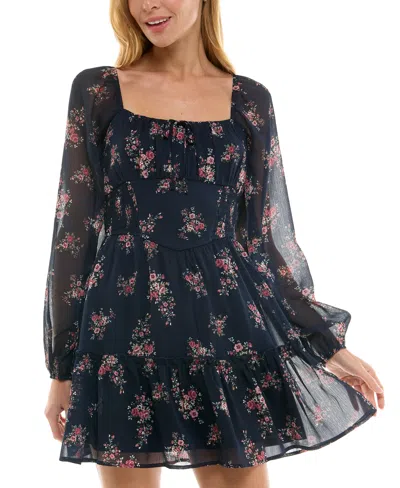 Trixxi Juniors' Floral-print Long-sleeve Dress In Navy