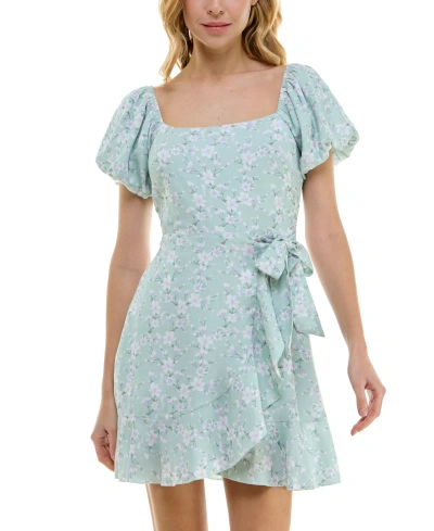 Trixxi Juniors' Floral-print Puff-sleeve Faux-wrap Dress In Sage Floral